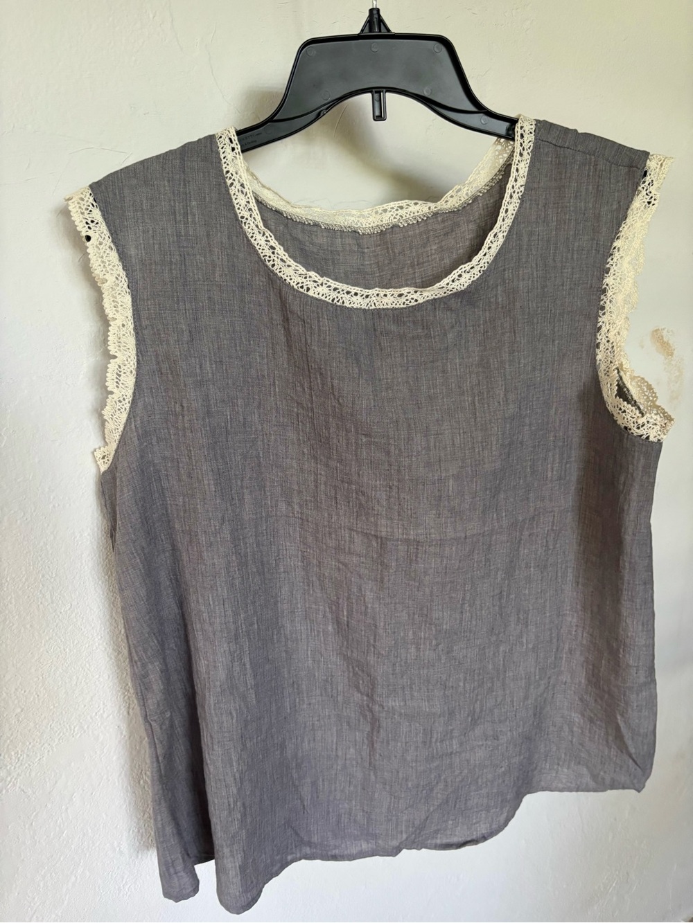 Sleeveless Grey Linen Top with Cream Lace Trim